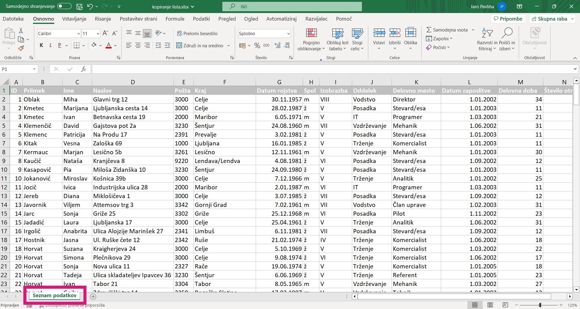 Kopiranje lista v Excelu