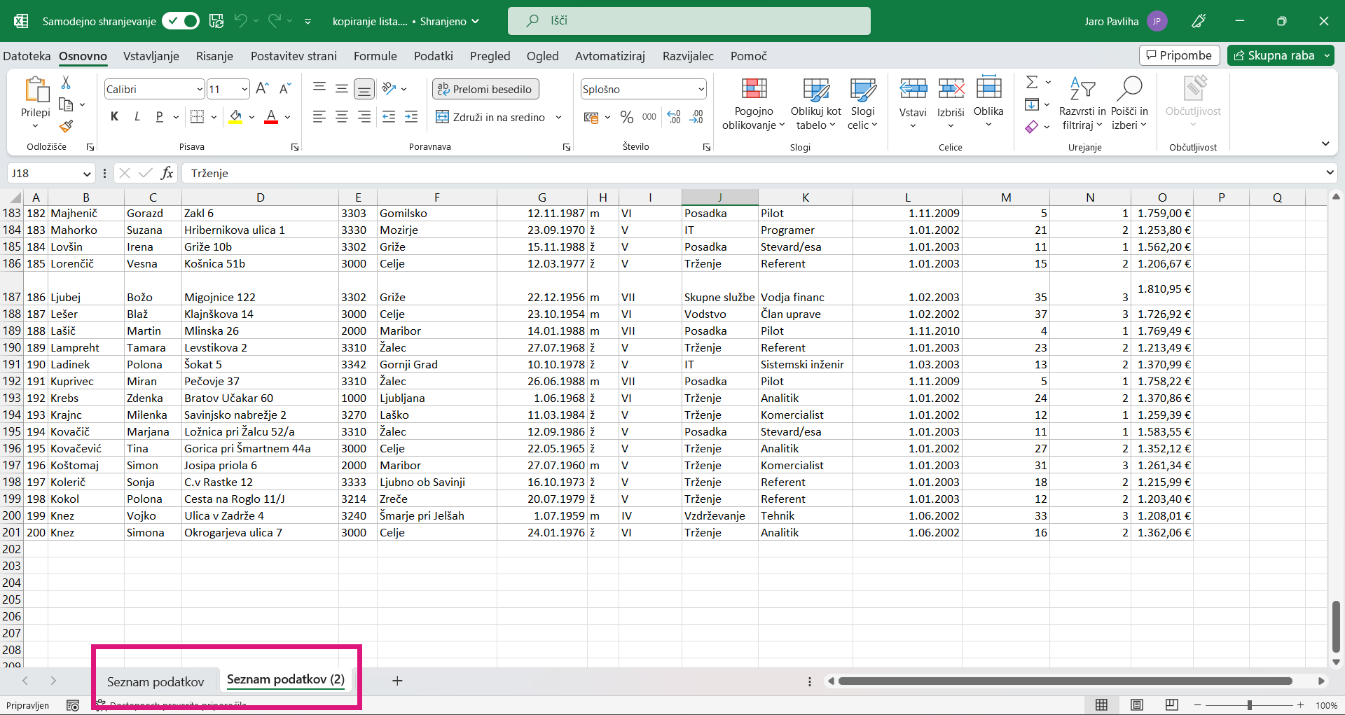 Kopija lista v Excelu
