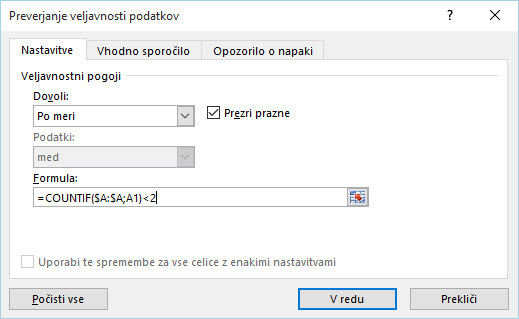 CountIf Excel veljavnost