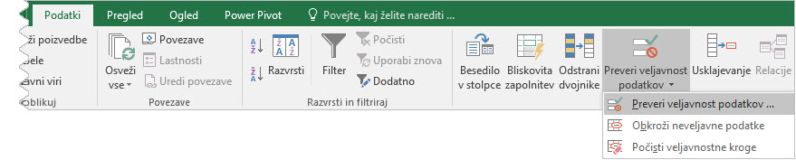 Veljavnost podatkov Excel