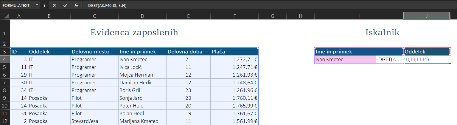 Excel funkcija DGET