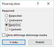 Excel poravnaj okna