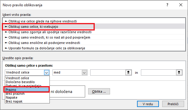 Excel prazne celice pogojno oblikovanje
