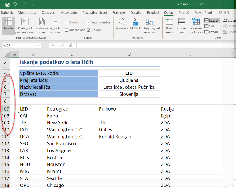 Excel razdelitev tabele