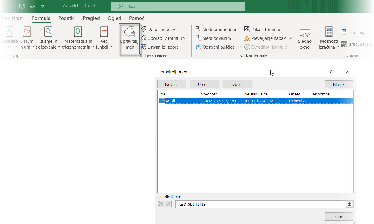 Excel upravitelj imen