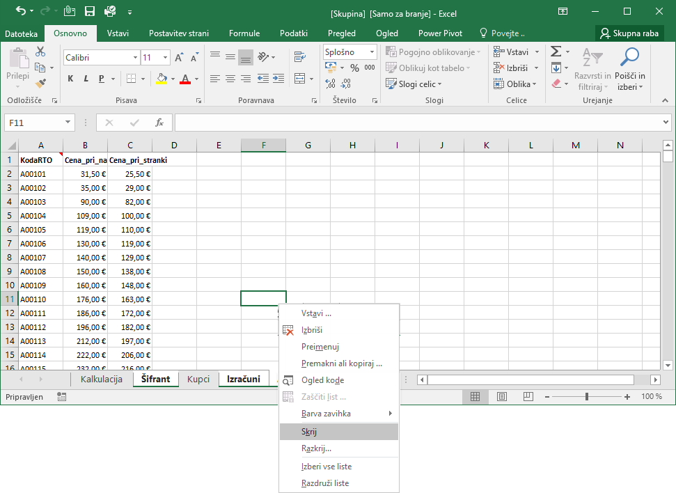 Excel skrij liste