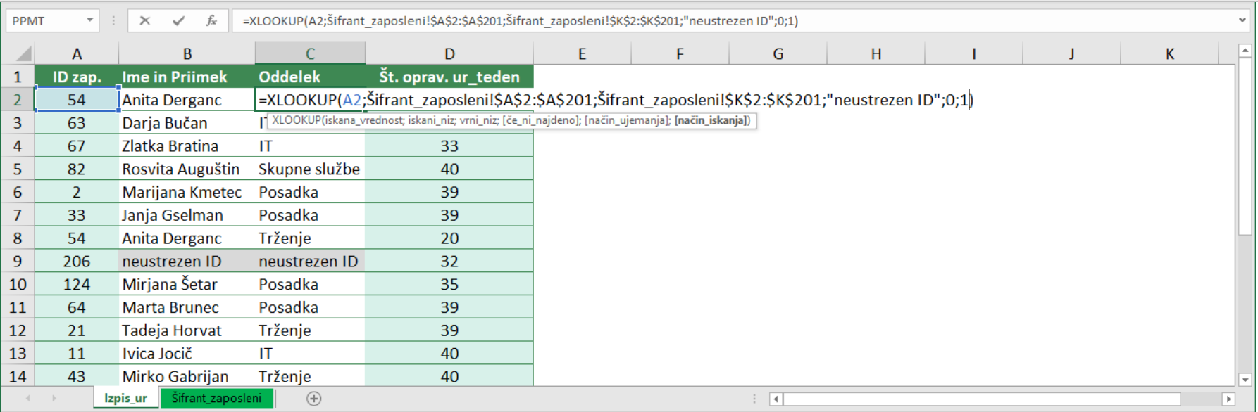 Funkcija XLOOKUP