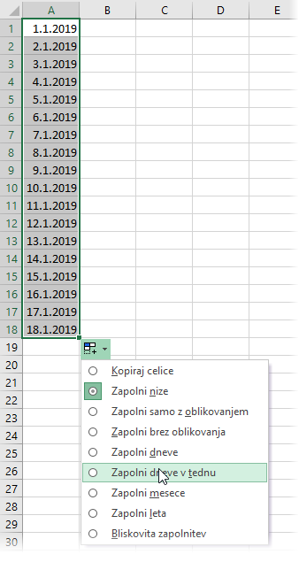Zapolnitev Excel