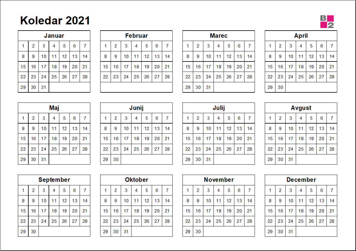 Excel koledar 2021