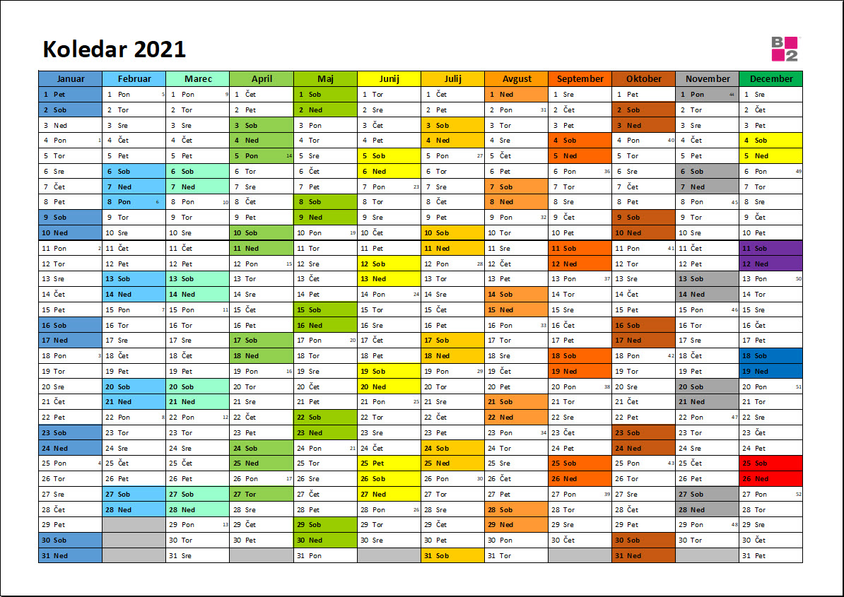 Koledar 2021 Excel