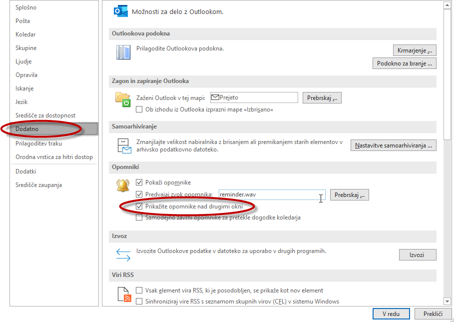Outlook opomniki