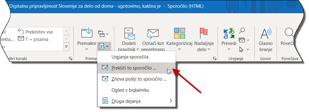 Outlook prekliči sporočilo