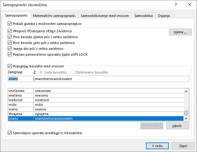 Word samopopravki nastavitve