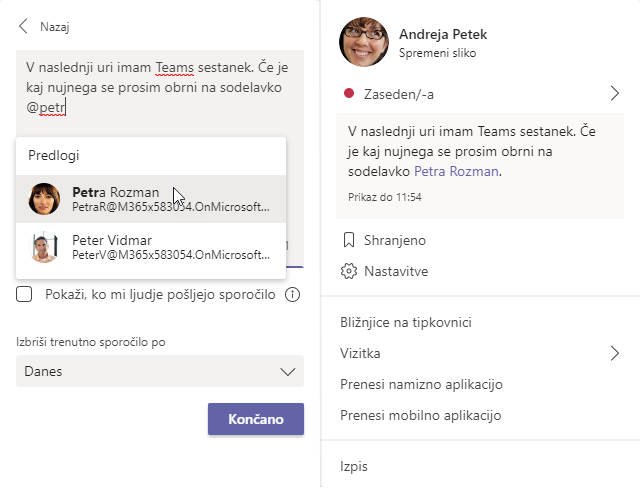teams sporočilo o stanju