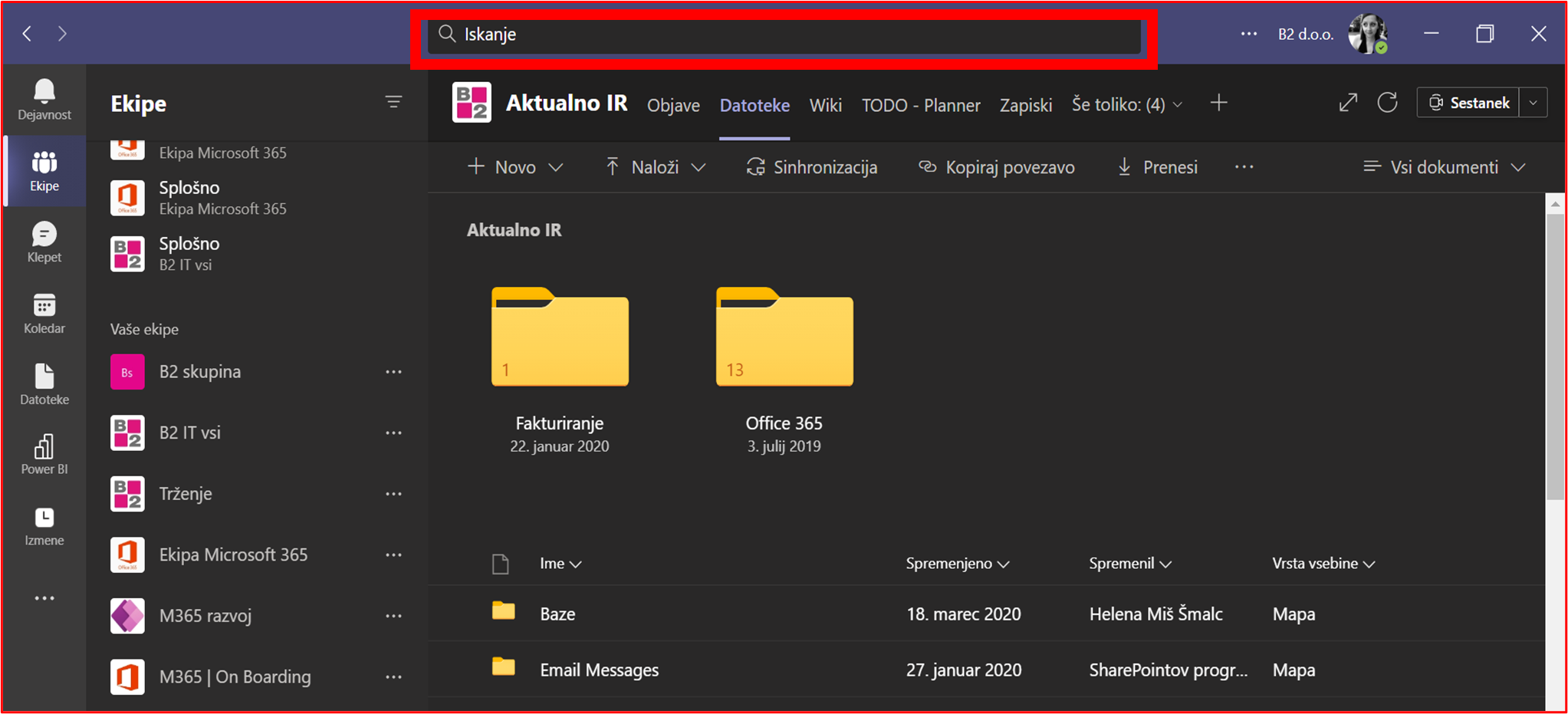 teams ukazi, bližnjice