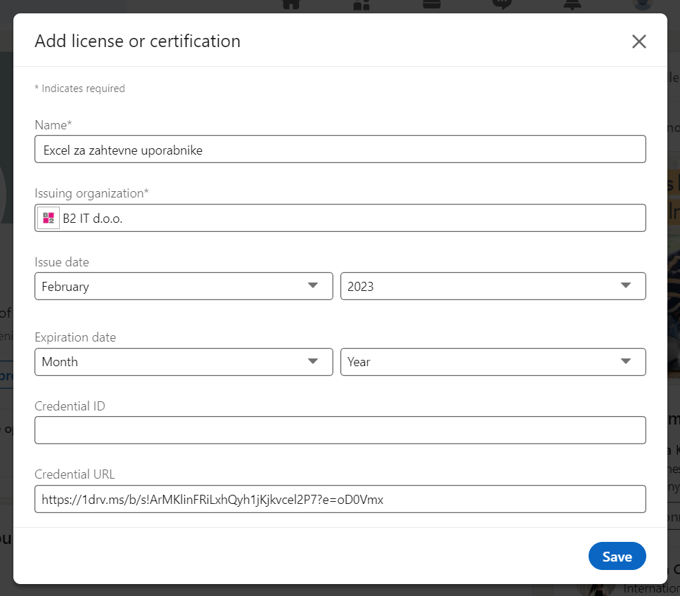 Linkedin povezava do Potrdila