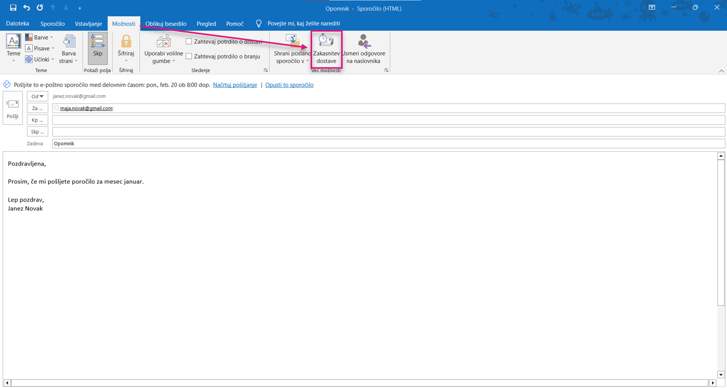 Outlook zakasnjeno pošiljanje pošte