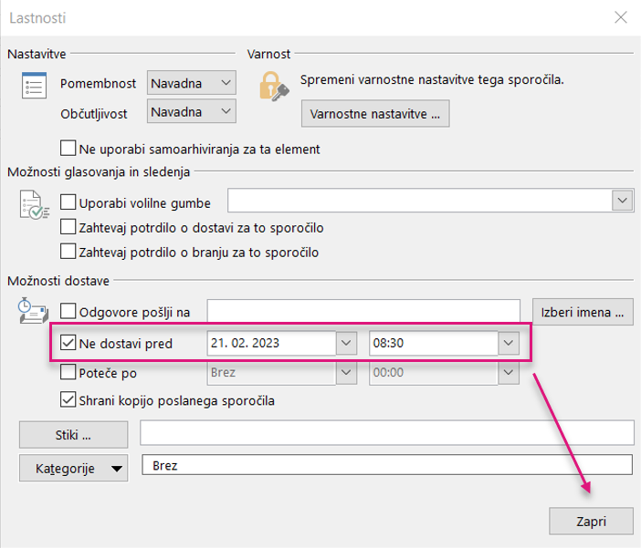Outlook zakasnitev sporočila