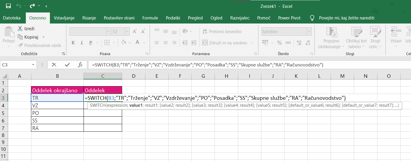 Funkcija SWITCH Excel