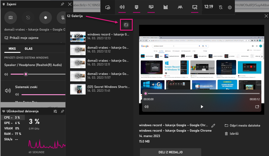 snemanje zaslona v Windows