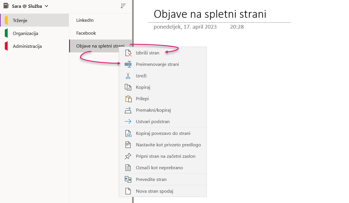 OneNote odseki