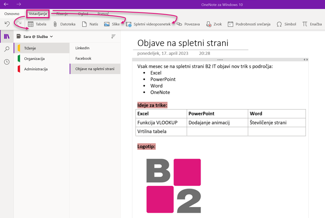 OneNote tabele