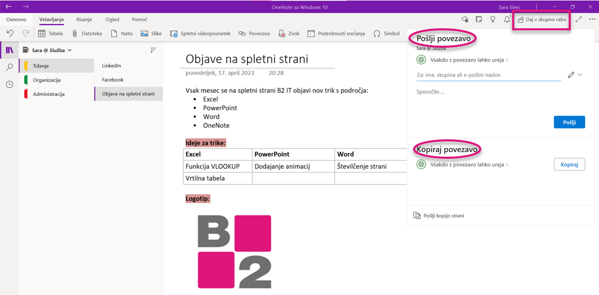 OneNote deljenje