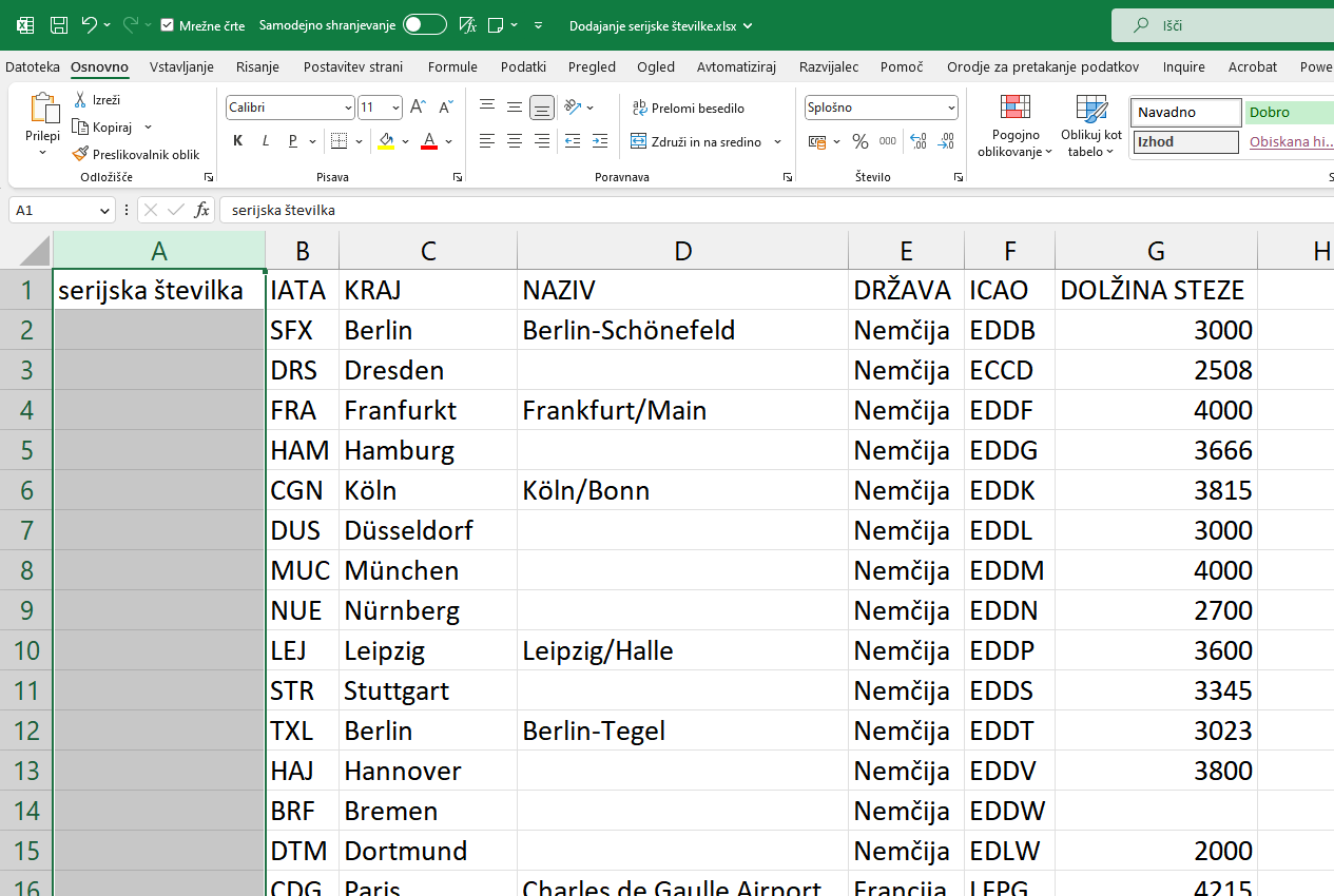 Excel zaporedna številka