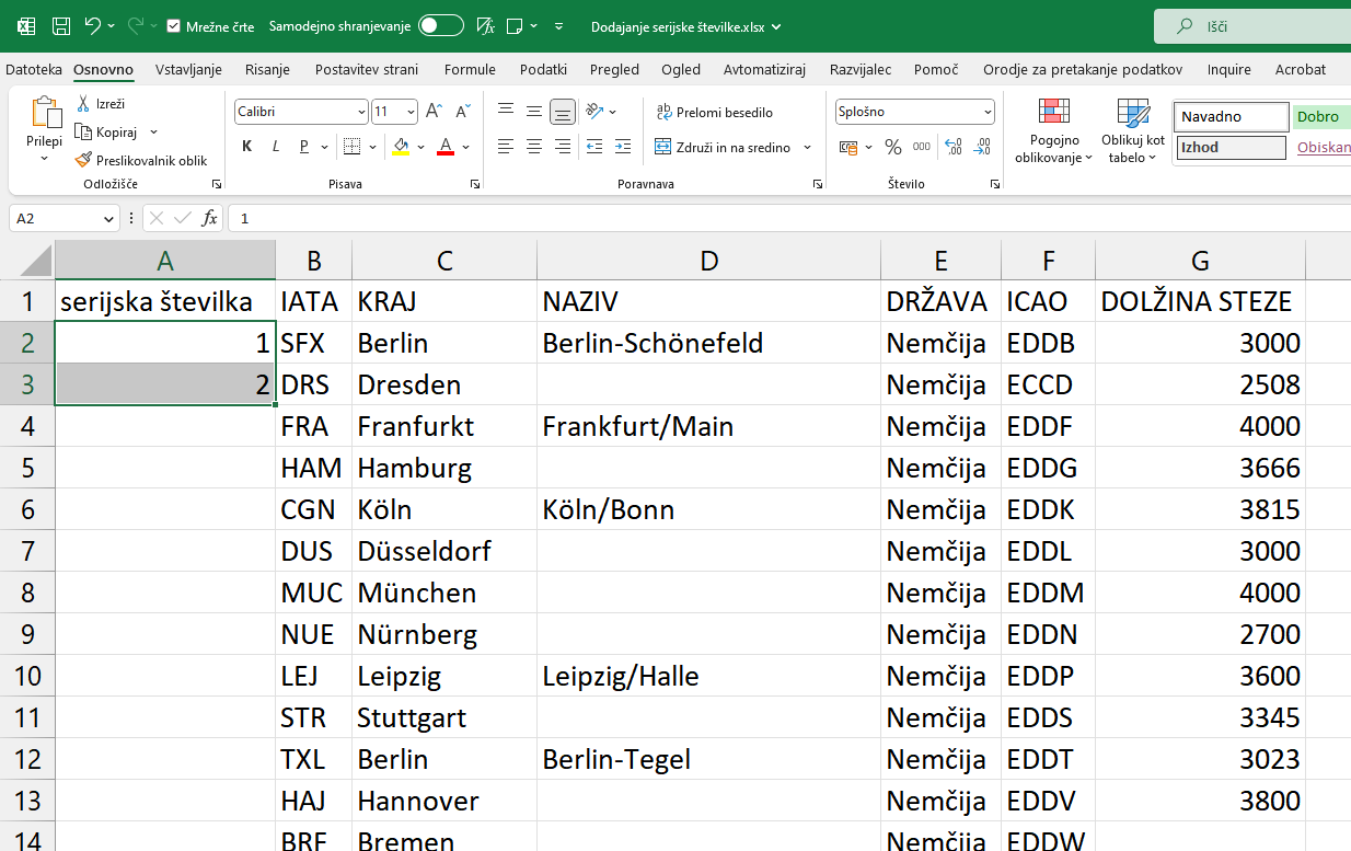 Excel zaporedne številke