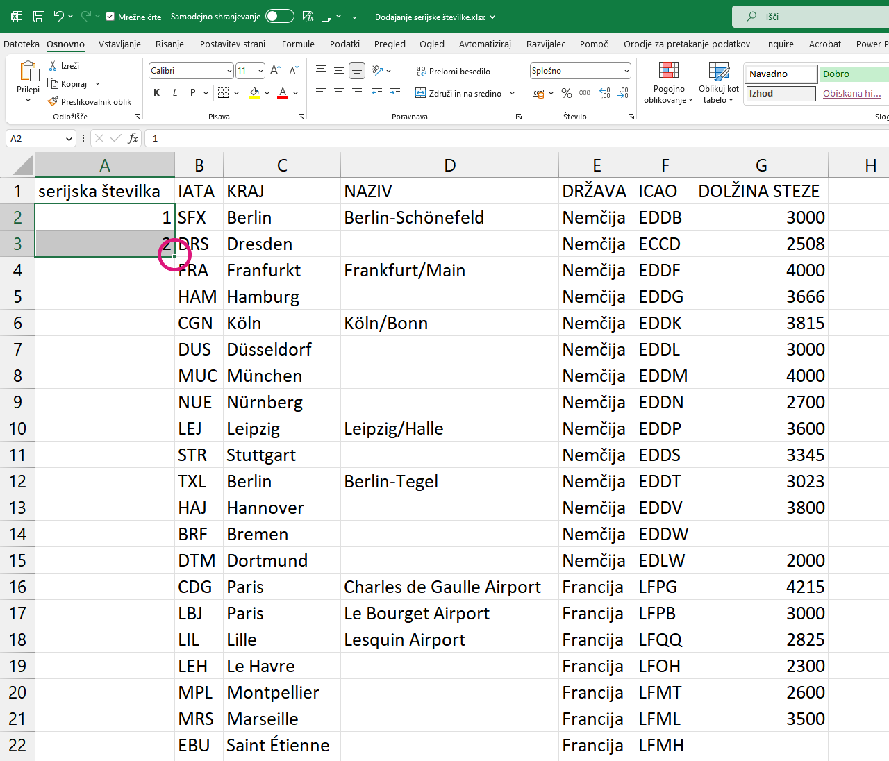 Excel zaporedne številke