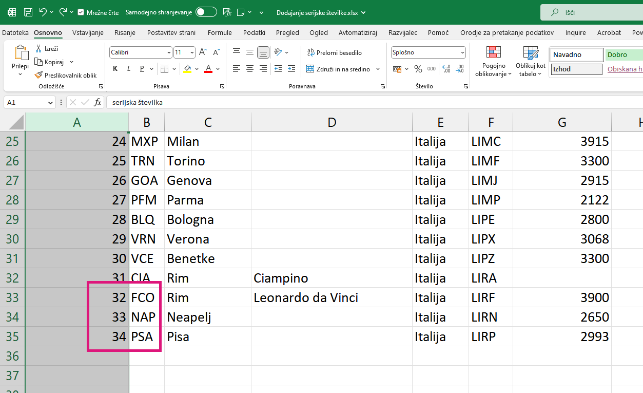 Excel zaporedne vrednosti