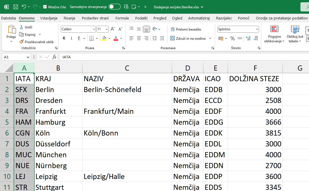 Excel zaporedna številka