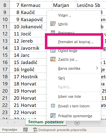 Excel kopiranje lista