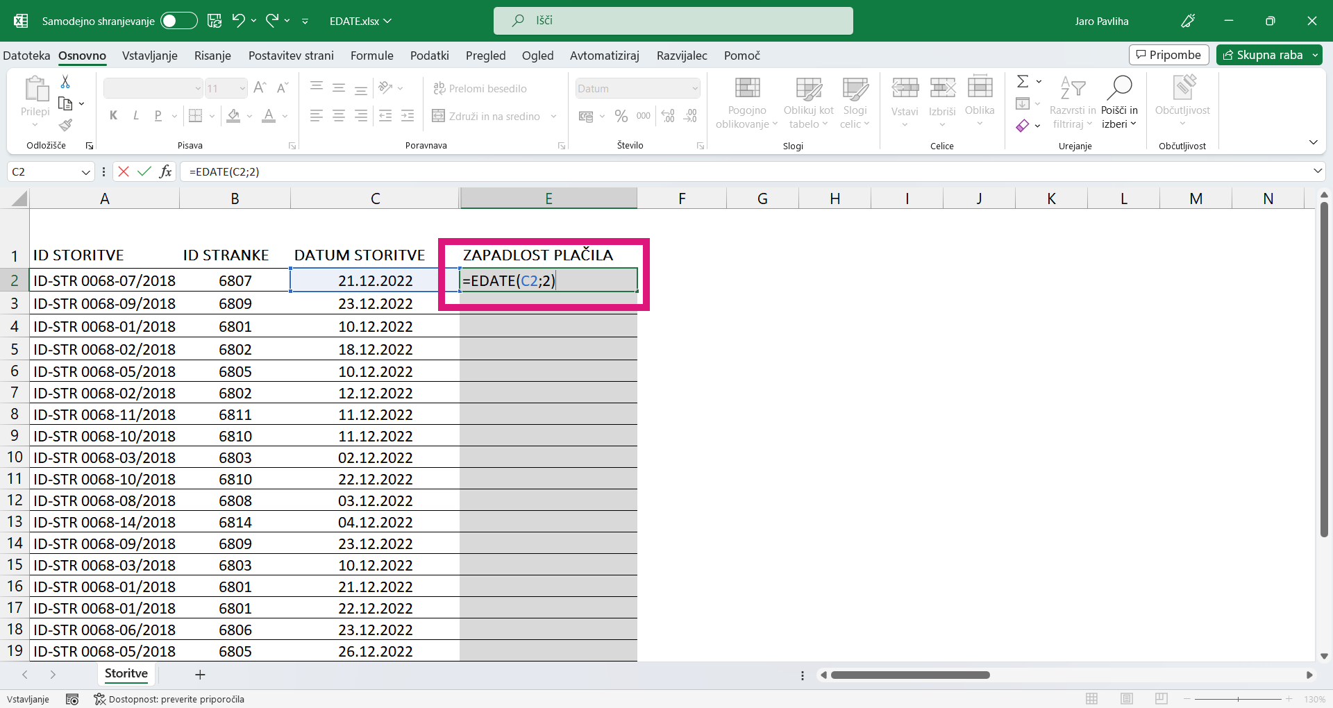 EDATE Excel funkcija