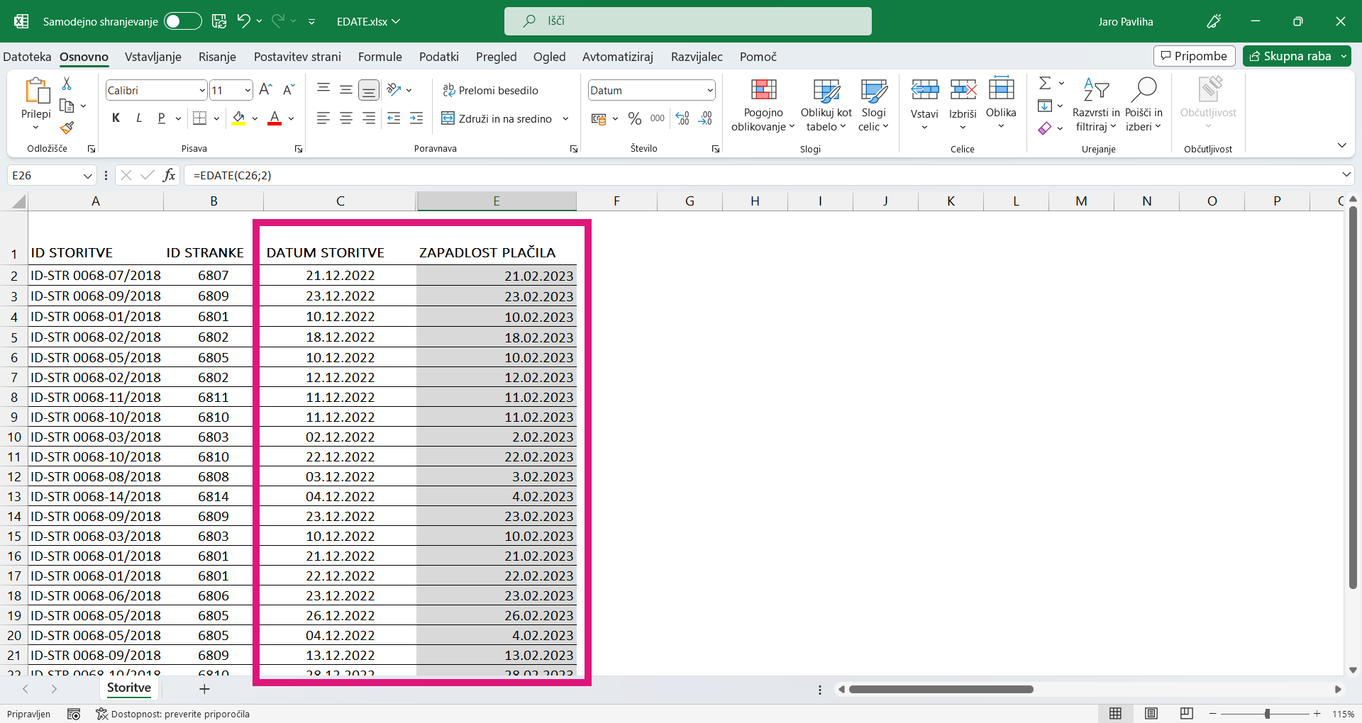 ECATE funkcija v Excelu za datume