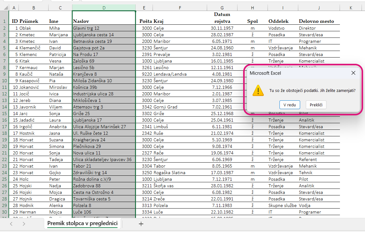 Excel opozorilo