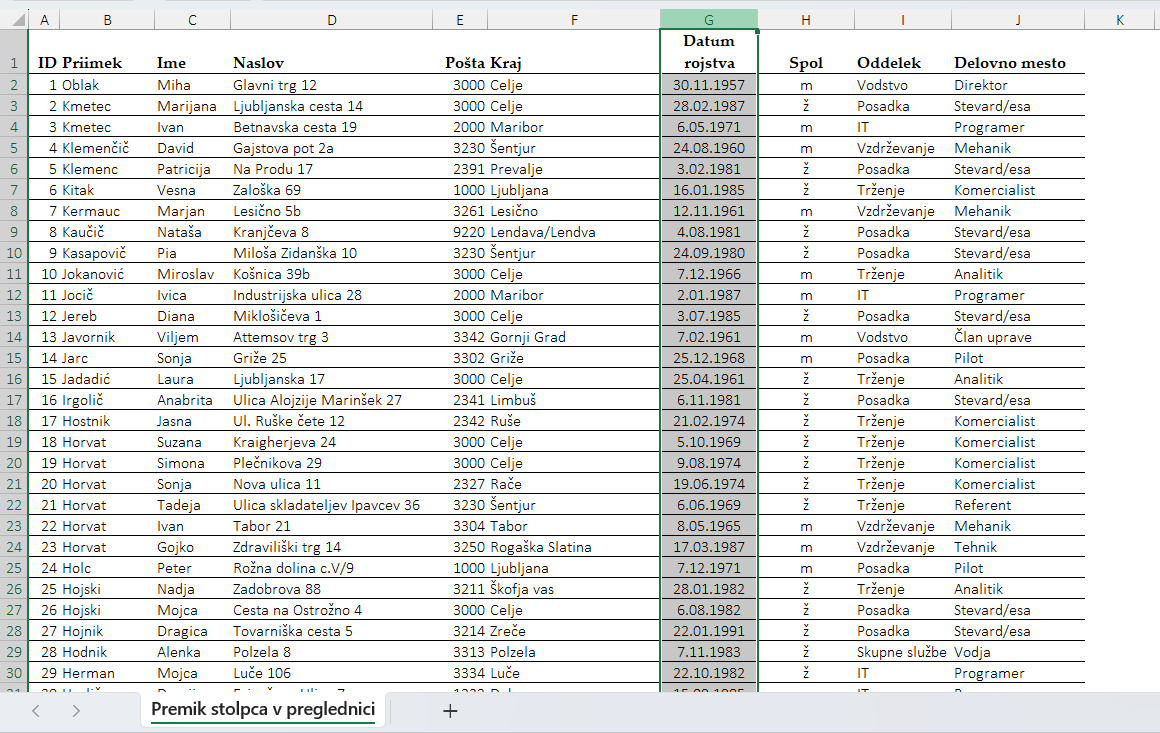 Excel premik stolpca