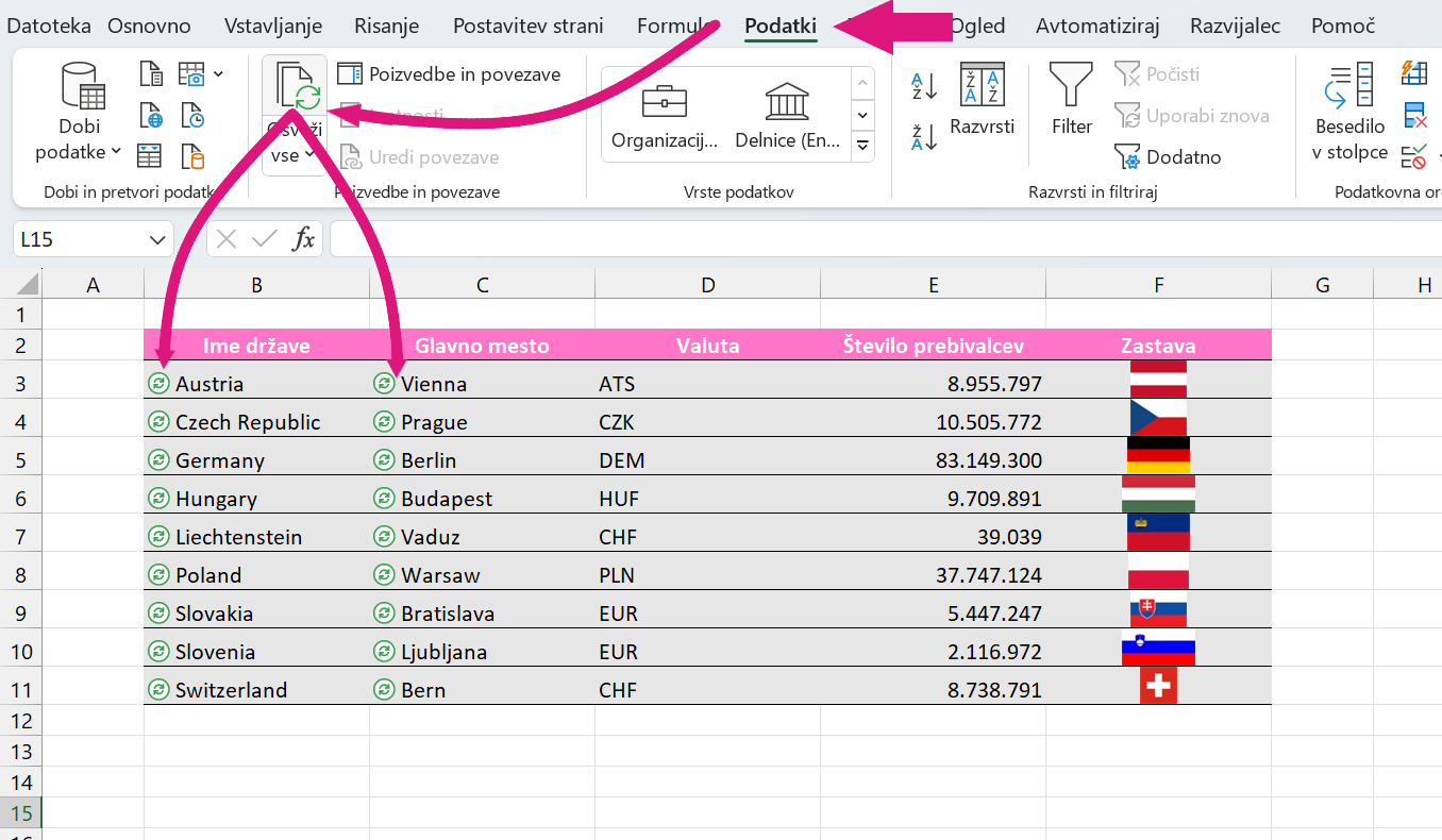 Excel geografski podatk osveževanje