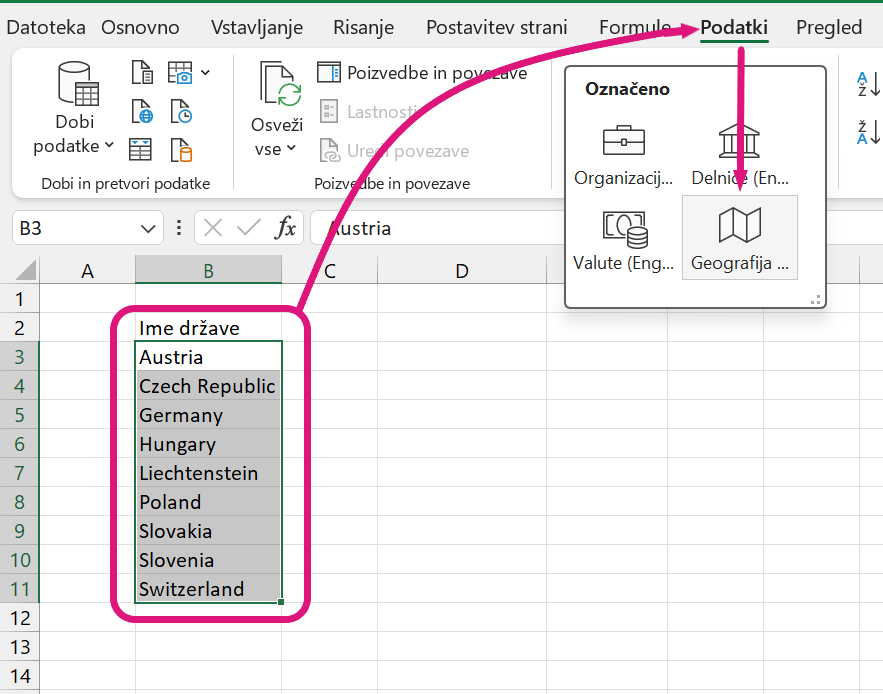 Excel podatki o državah