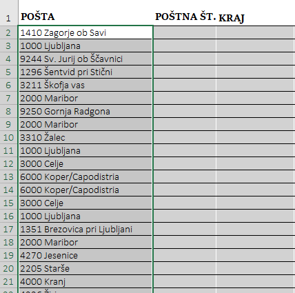 Excel - besedilo v stolpce