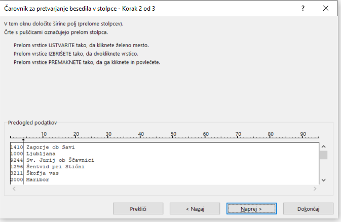 Excel besedilo v več stolpcev