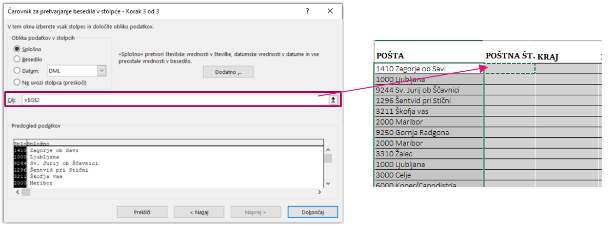 Besedilo v stolpce v Excelu
