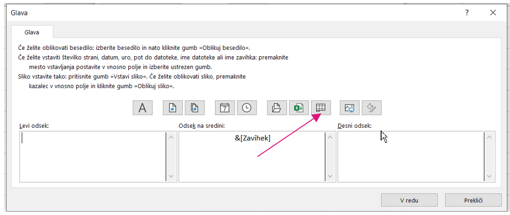Ime lista v nogi/glavi Excel