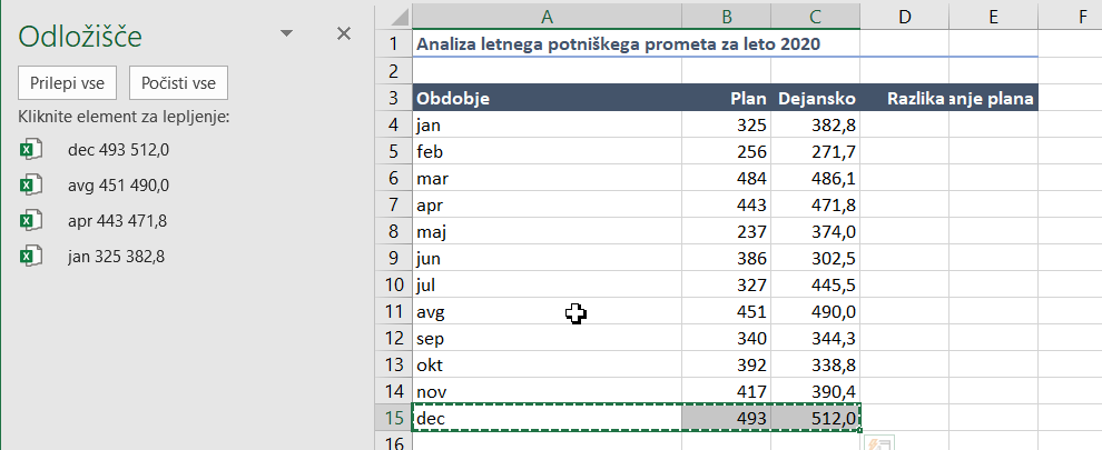 Odložišče Excel