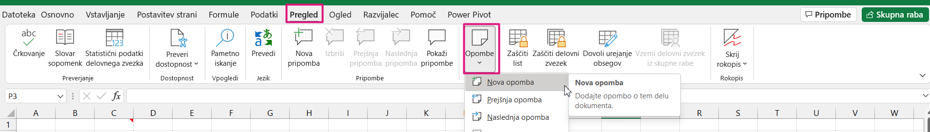 Excel vstavljanje opomb