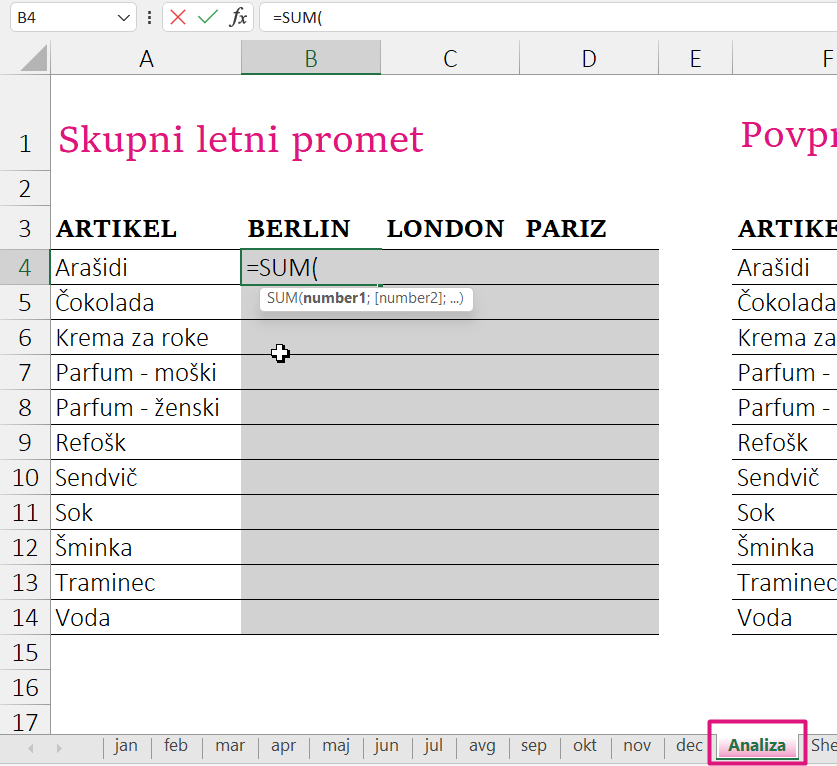 excel računanje med listi
