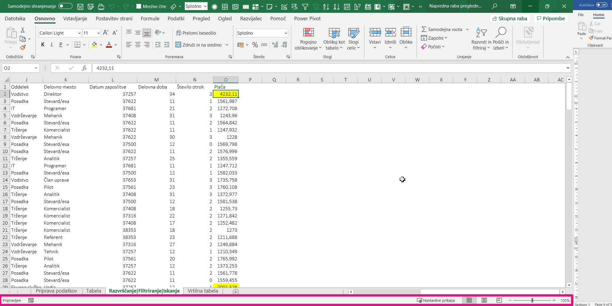 Statusna vrstica v Excelu