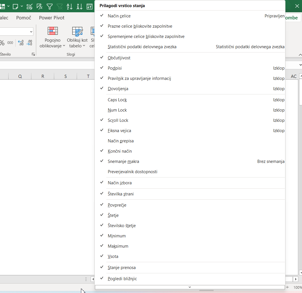 Statusna vrstica in Excel