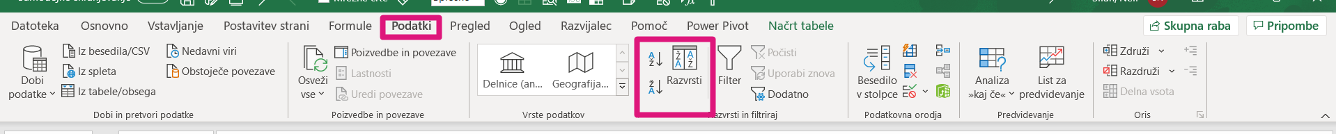 Excel večnivojsko razvrščanje