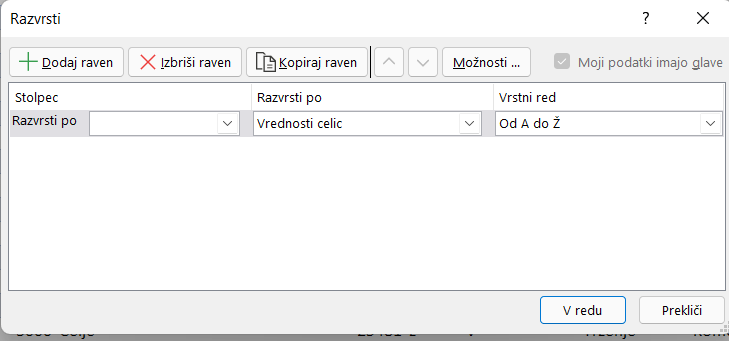 Večnivojsko razvrščanje v Excelu